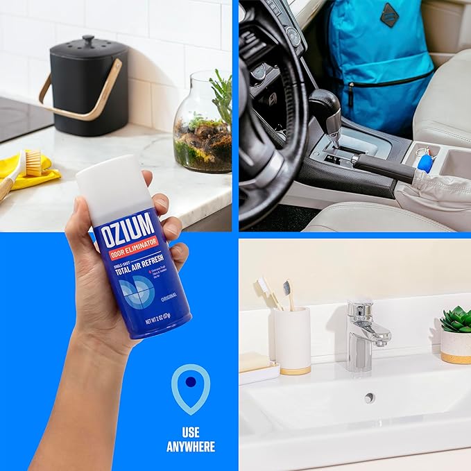 OZIUM Air Freshener Odor Eliminator, 2oz Single Shot Total Air Refresh & Car Air Freshener – Carbon Black – 4 Pack