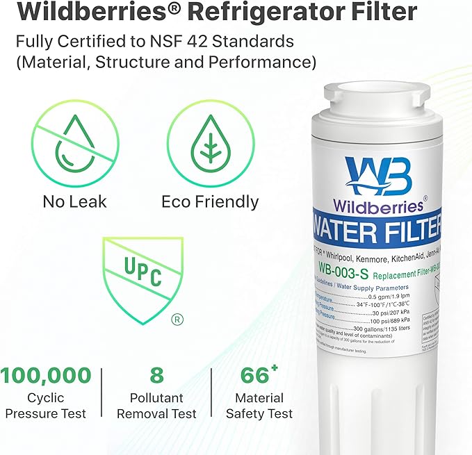 Wildberries UKF8001 Refrigerator Water Filter 4 Replacement for Whirlpool®, EveryDrop® EDR4RXD1, WHR4RXD1, 4396395, WRF535SWHZ00 to WRF535SWHZ10, WRF555SDFZ00 to WRF555SDFZ15, FMM-2, 46-9006, 2-PACK