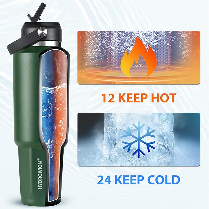 HYDROWION 32 oz Insulated Water Bottle, Car Water Bottle Holder - Double Wall Vacuum Insulated Travel Bottle with Straw Lid, Spout Lid and Flex Cap - Cold for 24H, Hot for 12H, Olive
