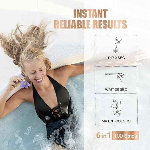 Pool & Spa Test Strips - 6 in 1 Water Test for pH, Hardness, Bromine, Chlorine, 100 Counts