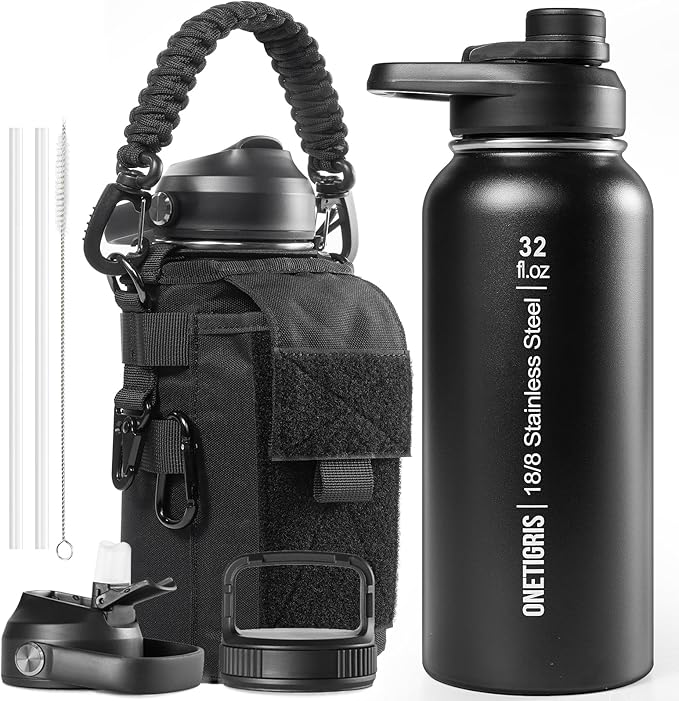 ONETIGRIS 32 oz Insulated Water Bottle with Straw - Tactical Stainless Steel Water Jug, Leakproof Thermos Wide Mouth Sport bottle with 3 Lids and Sleeve for Travel, Gym, Camping, Hiking