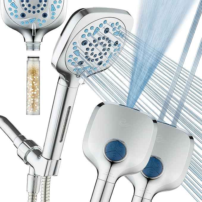 AquaCare High Pressure 10 Spray Mode Filtered Showerhead - Handheld Shower Head Filters Chlorine to Heal Dry Skin, Revive Hair - Dual Power Wash Cleans Tub, Tile, Pets - Hard Water Softener, Chrome