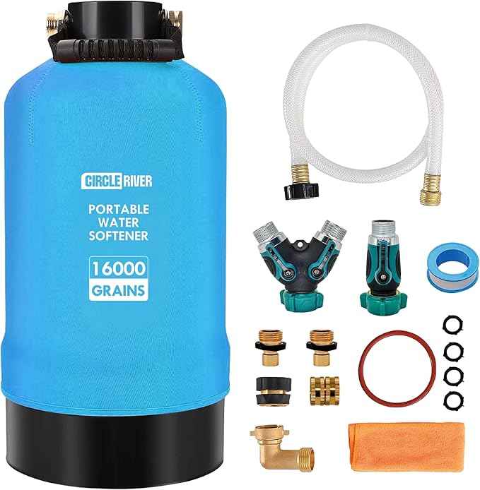RV Water Softener with Water Hose, 16000 Grains 3/4" Brass Fittings Food-Grade Resin Soften Hard Water Improve Water Quality Portable Water Softener for RV, Trailers