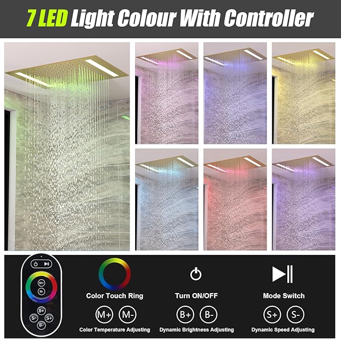 14x20 Inch LED Rainfall Shower Head- High Pressure Overhead Shower Heads with Water Filter Large Square Ceiling Mounted Bath Showerhead for Strong Spray & Relaxing Rain Shower (Brushed Gold)