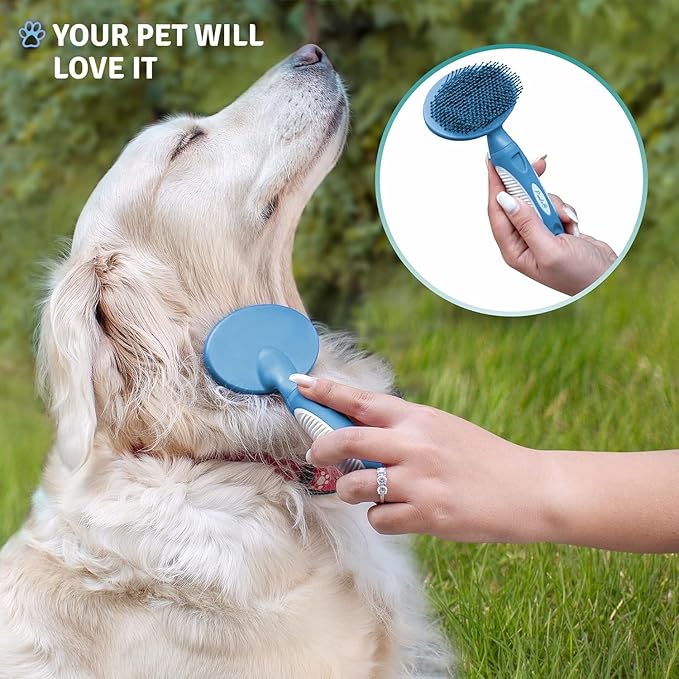 Round Bristle Pet Brush for Dogs and Cats - Soft Dog Brush for Grooming Short or Long Hair - Gentle Tool for Sensitive Skin Removes Dander, Dirt, and Detangles (Blue) - AquaVibe