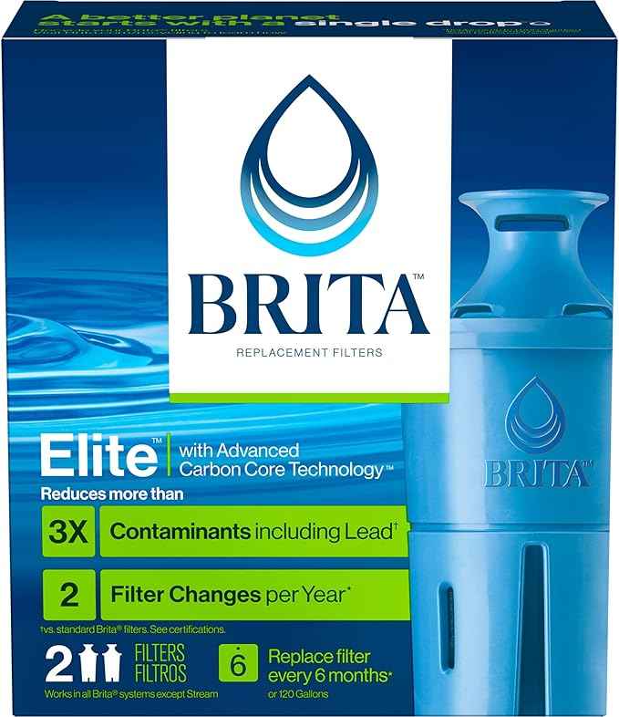 Brita Filter Replacements for Water Pitchers and Dispensers, Elite, NSF Certified to Remove 99% of Lead, 2 Count, Blue