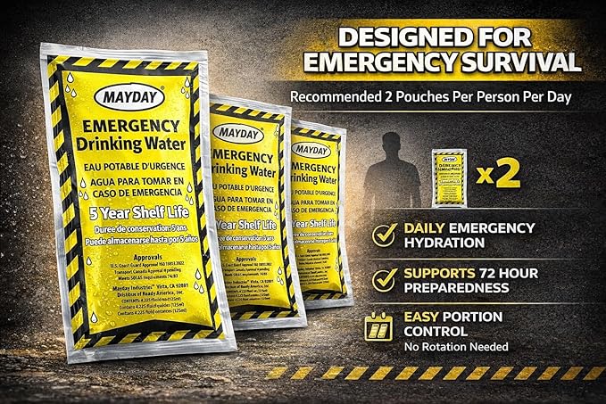 Mayday Pouch Water, Coast Guard Emergency Water, 5-Year Shelf LIfe, Disaster Preparedness Supplies for, Earthquake, Fire, Flood, Leak-Proof Pouches, 4.225 Oz/125Ml 50 Pack