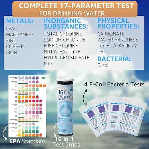 17 in 1 Water Testing Kits for Drinking Water, 100 Strips + 4 Bacteria Tests, Tap and Well Water Test Kit Easy to Test and Read for Hardness, Lead, Iron, pH, Copper, Bacteria and More