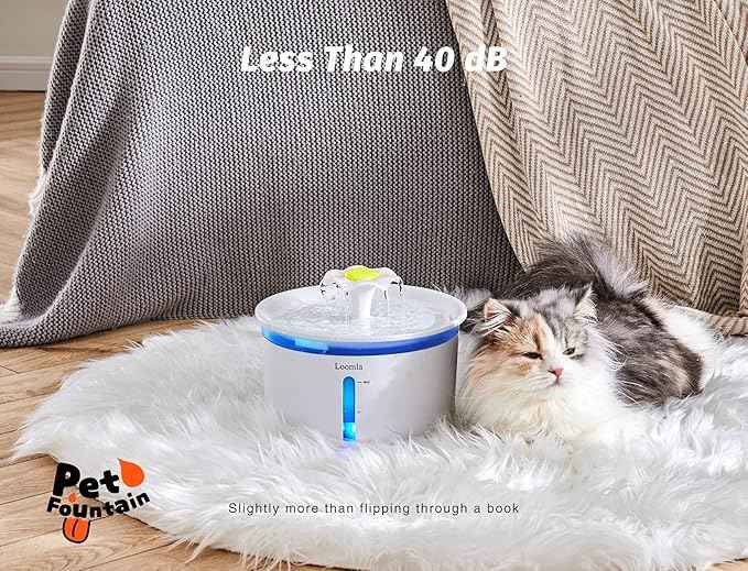 Loomla Cat Water Fountain, 85oz/2.5L Pet Water Fountain Indoor, Automatic Dog Water Dispenser with Switchable LED Lights, 2 Replacement Filters for Cats, Dogs, Pets (White)