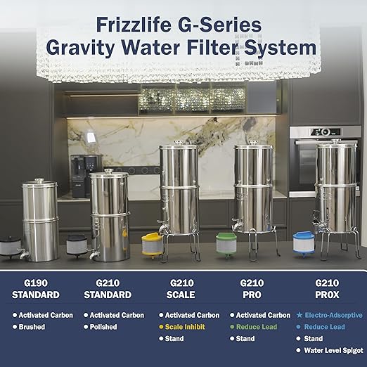 Frizzlife 1.75G Gravity-Fed Water Filter System, NSF/ANSI 42&372 Standards Countertop Water Filtration System, Reduces 99% Chlorine, Bad Taste & Odor, for Home, Travel, Camping, RVing, Off-Grid, G190