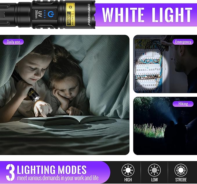 DARKBEAM UV Flashlight Blacklight 395nm Black Light, High Lumens LED Flashlights USB Rechargeable Super Bright for Camping, Powerful Woods Lamp Pet Urine, Uranium Glass Detector, Resin Curing