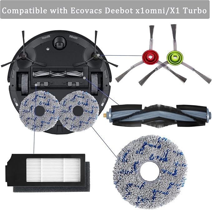 GYLBF Accessories Kit for Ecovacs Deebot X1 Omni, Replacement Parts for Ecovacs Deebot X1 Turbo Vacuum Cleaner, 1 Main Brush, 2 HEPA Filters, 4 Sidebrushes, 4 Mop Pads, 4 Dust Bags - AquaVibe