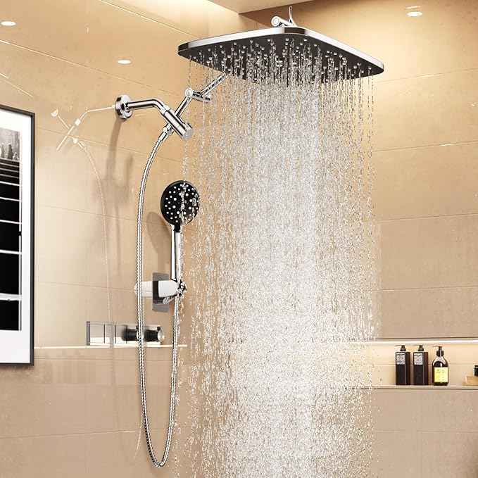 Veken 14" Wide Rain Shower Head with Handheld, High Pressure Handheld Shower Heads with Multi Spray Modes, Rainfall Combo with Metal Extension Arm,Detachable Dual Shower, Extra Long Hose,Silver Chrome