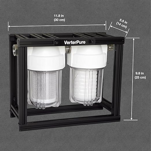S2 Mini External 2-Stage RV Fresh Water Filter System, Compact, 5 Inch Filters, 3/4" GHT Stainless Steel Fittings, Reduce Sediment, Chlorine, Odor, All Aluminium Free-Standing Chassis, Clear
