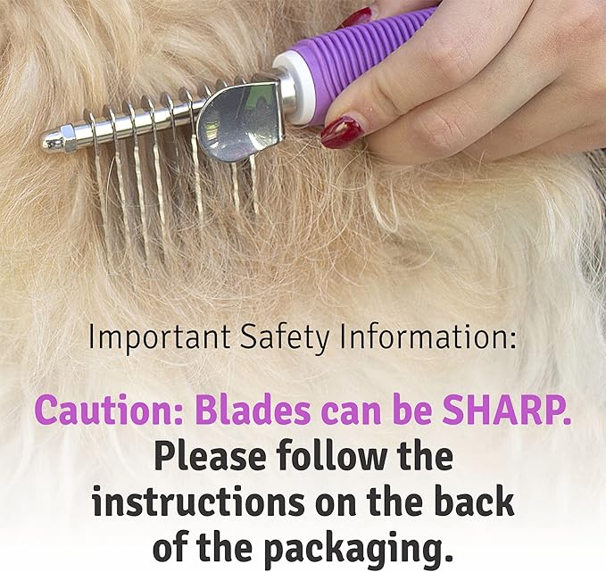 Poodle Dematting Fur Rake Comb Brush for Dogs and Cats - Long 2.5" Steel Safety Blades Metal Comb for Detangling Matted or Knotted Undercoat Hair - AquaVibe