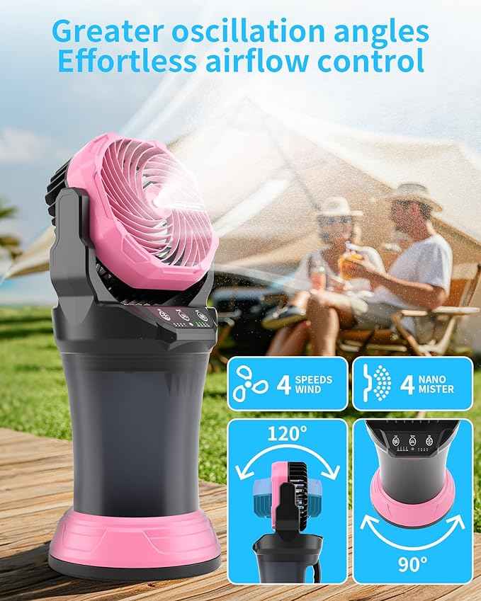 AVV Portable Misting Fan with RGB Ambient Light- 2L Water Tank, 4 Speeds & Spray Mist Fan, 30000mAh Rechargeable Misting Fans for Outdoor/Indoor Fans for Camping, Patio, Garden, Black-Pink