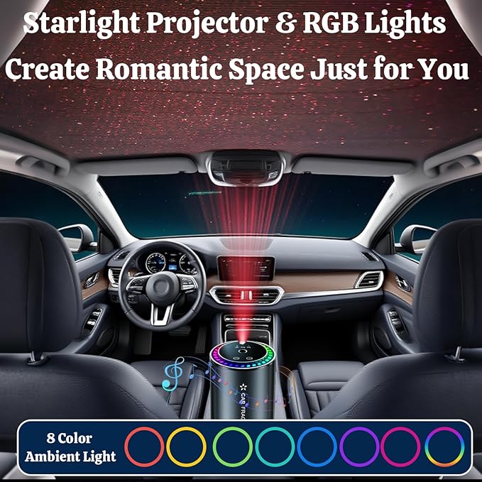 Smart Car Air Freshener Diffuser with Starry Sky Projection RGB Music Syncing Light 100ml Aroma Diffuser Auto On/Off 3 Adjustable Modes Perfect for Car Home and Office, Cologne and Ocean