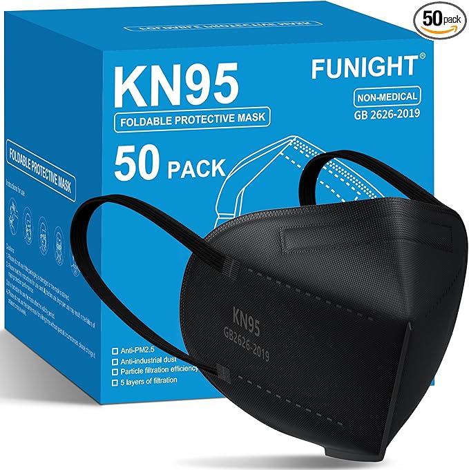 Funight KN95 Face Masks 50 Pack 5-Ply Breathable Filter Disposable Face Masks Black - AquaVibe