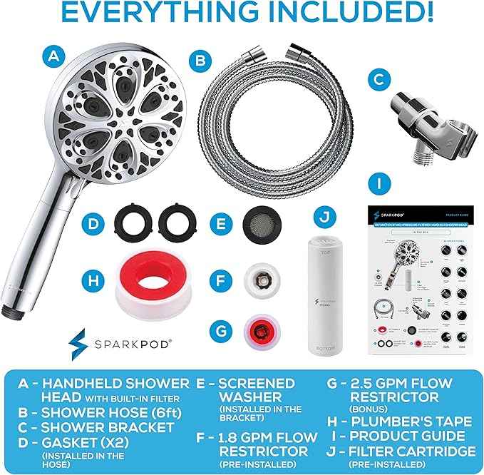 SparkPod 10-Mode Handheld Shower Head with Filter - 5" High Pressure Filtered Shower Head with Touch-to-Clean Nozzles, Built-In Power Jet, Stainless Steel 6ft Hose & Bracket (Polished Chrome)