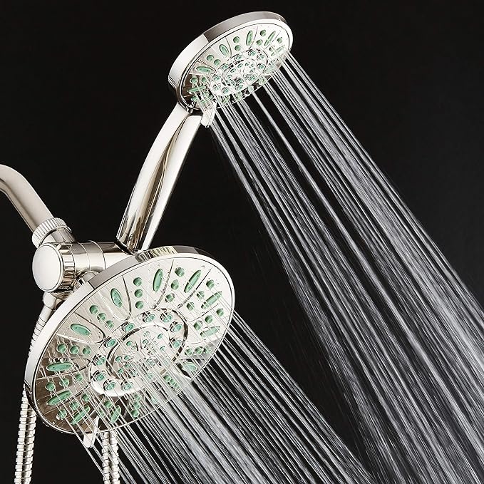 AquaDance Antimicrobial/Anti-Clog High-Pressure 30-setting Rainfall Shower Combo, Microban Nozzle Protection from Growth of Mold, Mildew & Bacteria, Brushed Nickel Finish/Coral Green Jets