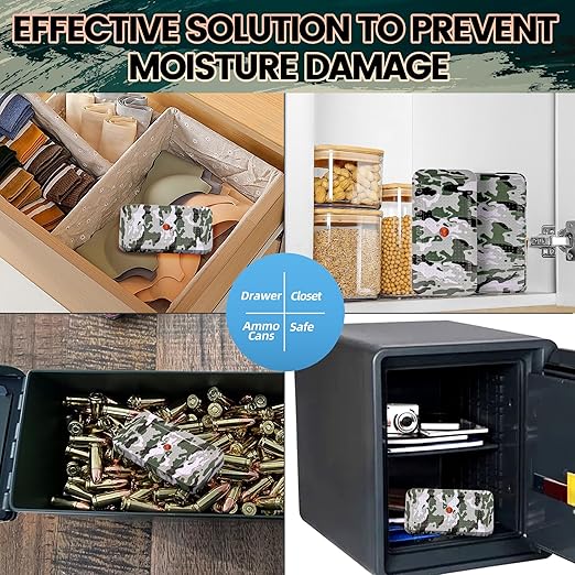 100 Gram Camouflage Gun Safe Dehumidifier Silica Gel Canister Rechargeable Dehumidifier Desiccant Reusable Indicating Desiccant Moisture Absorber with Visible Window [30PACK]