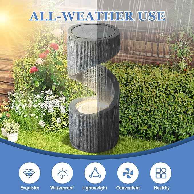31.9" Outdoor Garden Water Fountain, S-Shaped Cascading Fountains and Waterfalls with LED Lights & Splash-Proof Net, Indoor/Outdoor Floor Standing Water Feature for Patio, Backyard, Home Decor