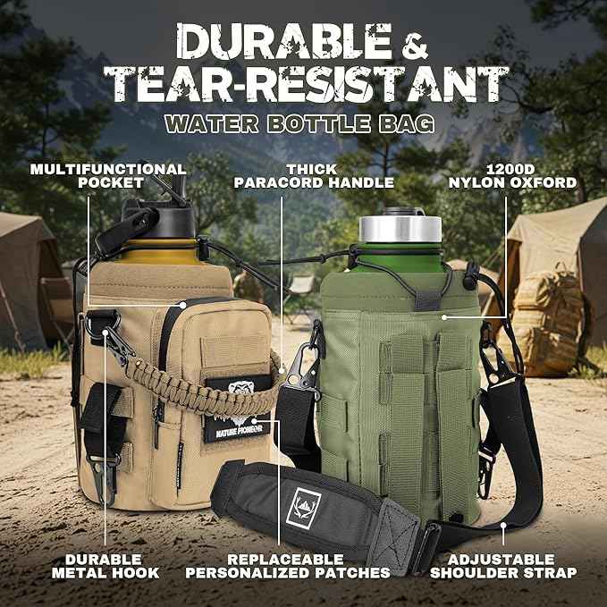 NATURE PIONEOR 64 oz Tactical Water Bottle Set, Stainless Steel Half Gallon Insulated Water Bottle with Tactical MOLLE Bottle Carrier Sleeve, for Outdoor Work, Gym, Hiking, Camping