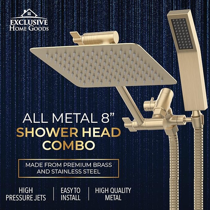 All Metal Shower Head 8" Dual Square Shower Head With Handheld Wand 71in Hose Set, High Pressure Rain Shower Heads Combo, 3-Way Diverter Rainfall Showerhead with Adjustable Extension Arm