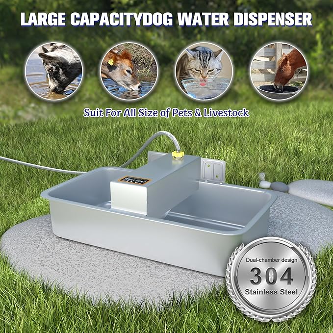 Automatic Dog Water Fountain 6.5L Large Capacity - 304 Stainless Steel Double-Chamber, Anti-Tip Dog Water Fountain Wall/Ground Installation, Indoor/Outdoor Use, Easy-Clean for Multiple Pets