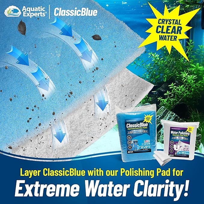 Aquatic Experts Classic Bonded Aquarium Filter Pad -12 Inches by 12 Feet by .75 Inch - Blue and White Filter Media Pad Bulk - Replacement Filter Rolls of Prefilter Floss - Made in USA