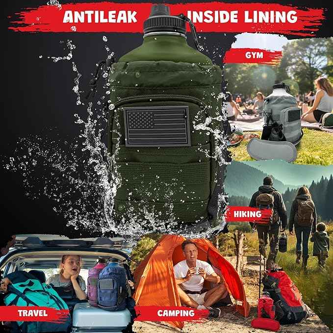 1 Gallon Water Jug - Insulated Stainless Steel Water Bottle with Carry Bag & Straw Lids - 128 Oz Large Capacity, Keep Cold & Hot, Green Tactical Design