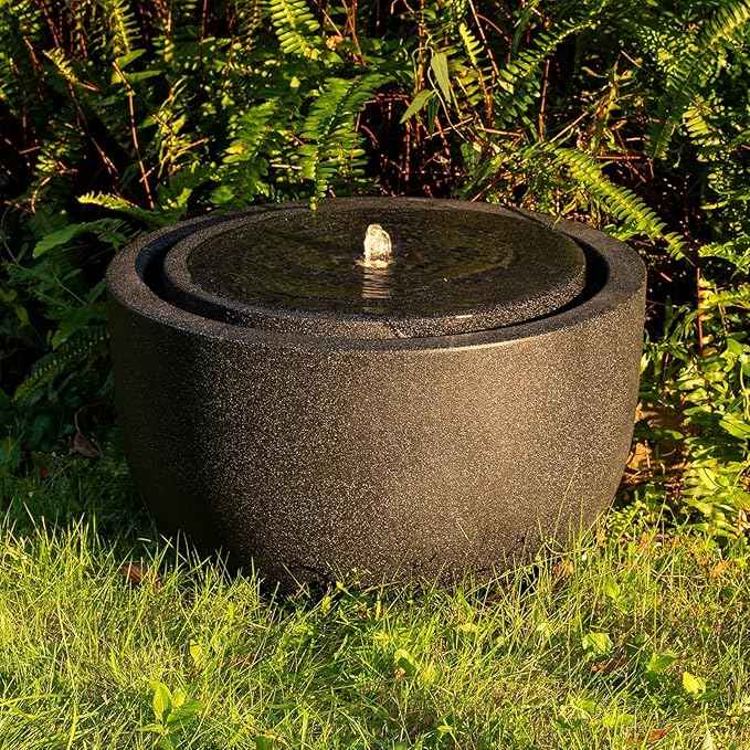 12.60” H Outdoor Water Fountain Made with Eco-Friendly Recyclable Materials, Polyethylene Round Bubbler Water Fountain Outdoor, Garden Decor with LED Light for Patio, Porch, Backyard (12.60