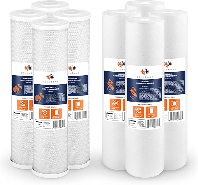 Aquaboon 5 Micron 20 x 4.5 Water Filter Cartridges Set of 8, Whole House Water Filter Replacements for 2-Stage Sediment & Chlorine, Odors Reduction