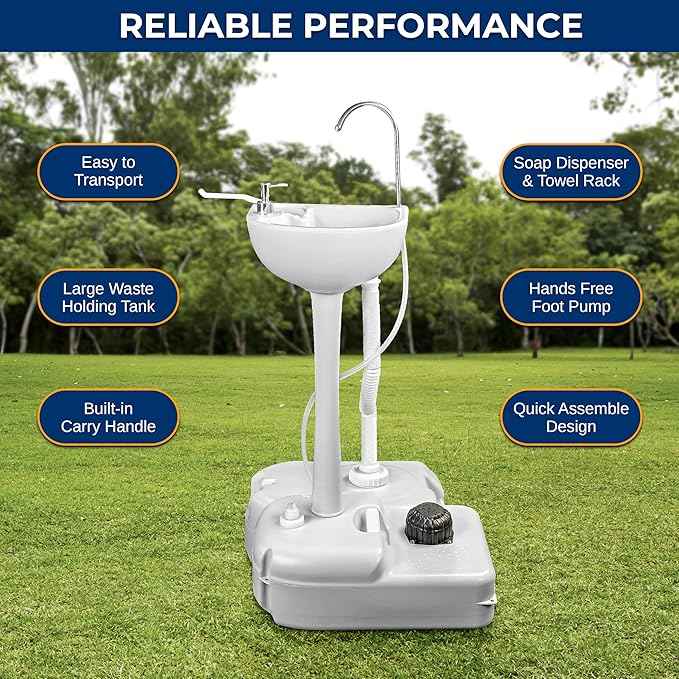 SereneLife Portable Camping Sink – Hand Washing Station with Foot Pump, 17L Fresh Water Tank, 24L Waste Tank, Soap Dispenser, Rolling Wheels & Quick Assembly for RV, Outdoor Events & Job Sites