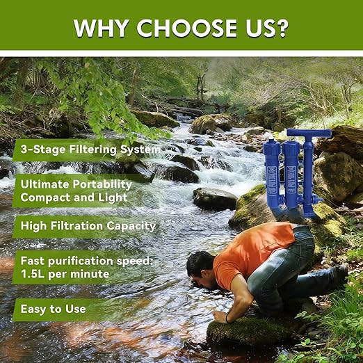 Water Purifier Survival Filtration System for Survival – 3-Stage Portable Water Filter System, High-Volume for Camping, Emergency Preparedness – Grade Survival Water Purification for Group Survival