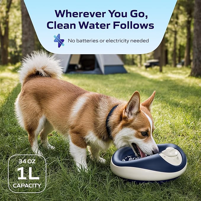 Mini Filtered Portable Automatic Pet Water Dispenser [Upgraded 2026], 1L / 34oz, No Spill, Noise-Free Dog Water Bowl Dispenser, No Power, Ideal for Small Dogs and Cats