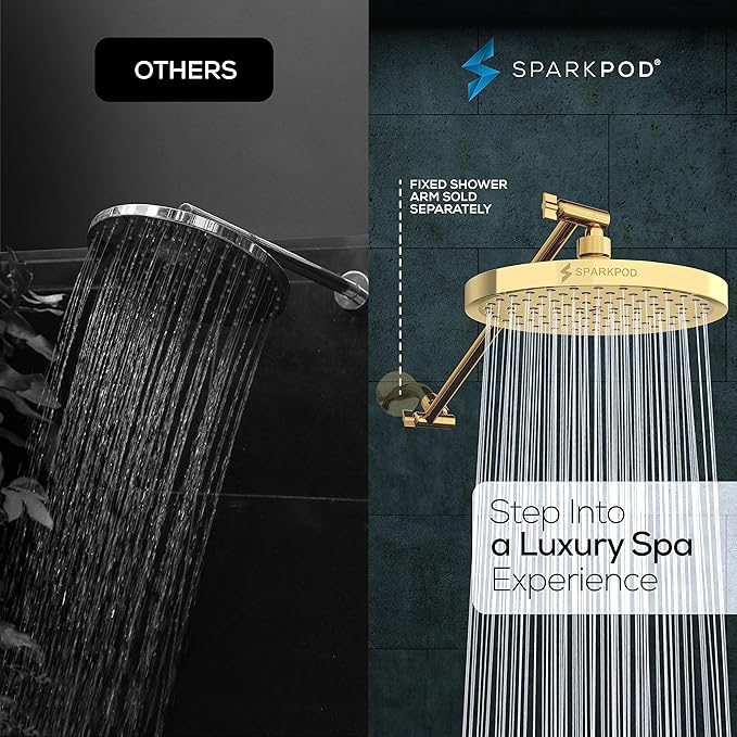 SparkPod Round Rain Shower Head with Extension Arm - Height Adjustable Shower Head with High Pressure Performance - Easy 1-Minute Installation (16" Arm Extension, Egyptian Gold)