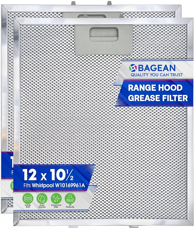 Bagean Range Hood Filter Replacement 12" x 10.5" W10169961A Compatible with Whirlpool Stove Hood Vent Filter - Aluminum Screen for Kitchen Overhead Exhaust Fan Blocks Grease & Filters Oven Air (2-Pk) - AquaVibe