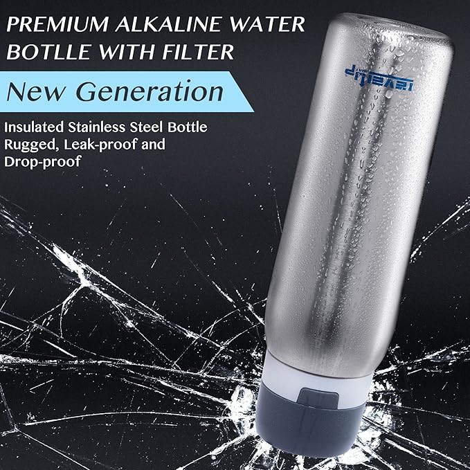 Level Up Way –25 Ounce Premium Stainless Steel Water Bottle with Filter – BPA Free - Travel Essentials - Alkaline Water Filter pH 9+ (Black)
