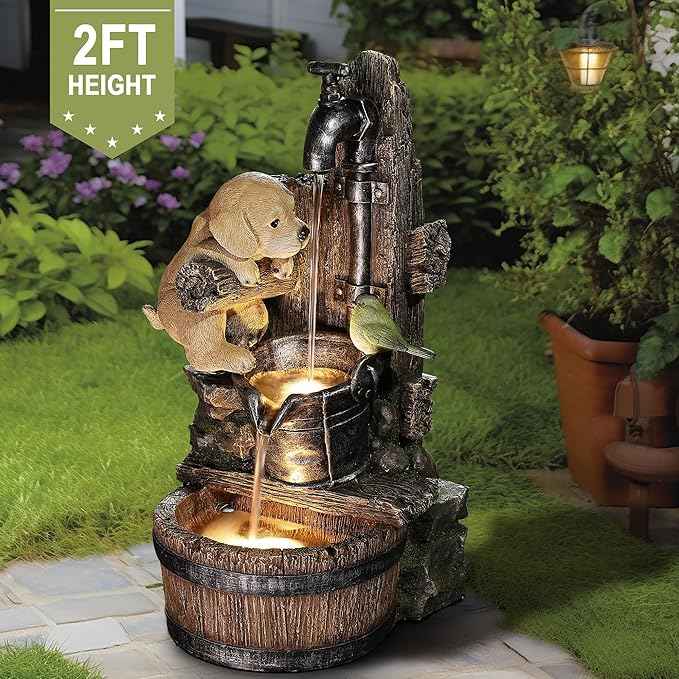 LuxenHome Water Fountain Outdoor, 25" Whimsical Puppy Dog Resin Outdoor Water Fountain with LED Lights, Decorative Garden Waterfall Fountains Indoor and Outdoor for Patio, Garden Decor