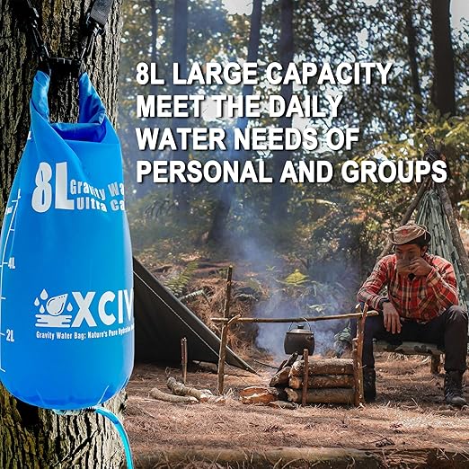xcivi 8L Gravity Water Bag Compatible with Membrane Solutions Straw and Other Water Filter Straw, 8L Water Bag for Camping, Traveling, Backpacking, Hiking, Foldable & Hangable 2 Gal Bag