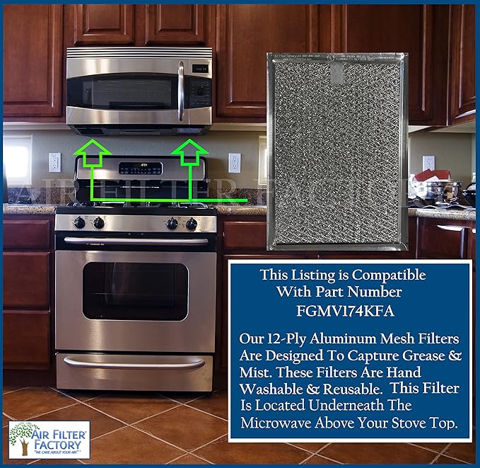 Air Filter Factory Replacement For Frigidaire FGMV174KFA Made In USA 12-Layer Microwave Oven Aluminum Mesh Grease 5.88 x 7.88 x 0.12 Inches Vent Filter 2-Pack