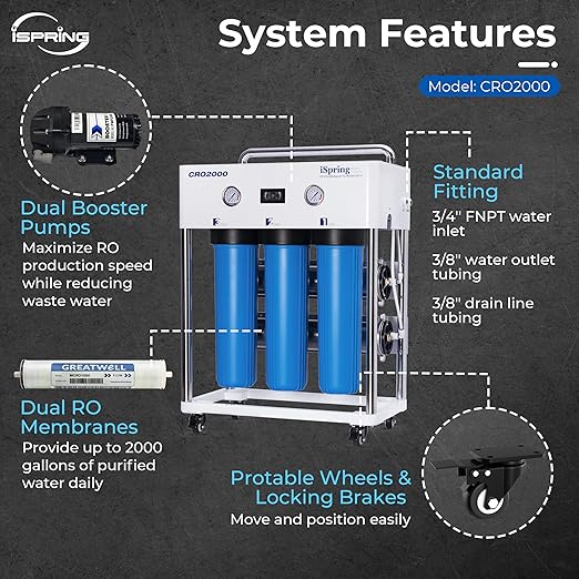 iSpring CRO2000 4-Stage Tankless Commercial Reverse Osmosis Drinking Water Filtration System w/Dual Pumps, Pressure Gauges, and Freestanding Stainless Steel Bracket, 2000 GPD