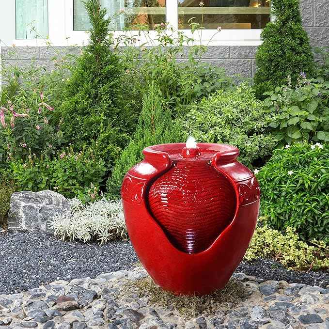 Teamson Home Outdoor Pot Fountain with LED Lights and Pump, Floor Water Fountain for Patio, Garden, Backyard, Decking Home Décor, 16.93 Inch Height, Red