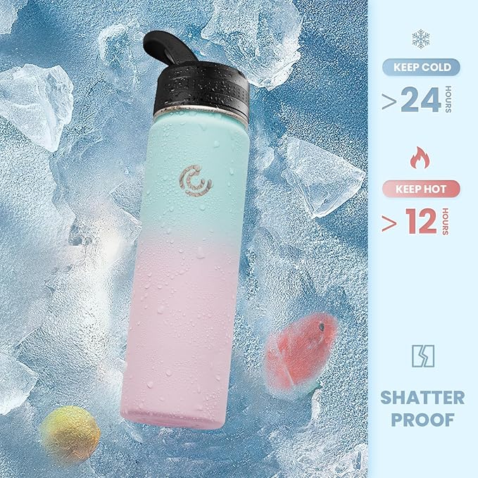 COKTIK 22oz Sports Water Bottle, Stainless Steel Water Bottle for Insulated, Reusable Travel Bottle, With Straw, With Handle Grip for Easy Carrying, Suitable for Cycling, Outdoor Vacations(Bubble Gum)