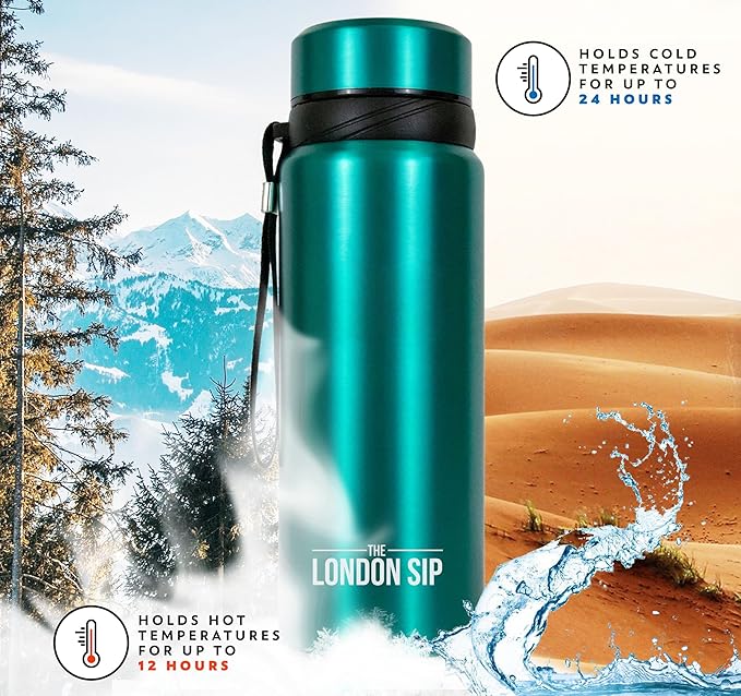 London Sip 25 oz Multi-Function Travel Mug and Tumbler Tea Infuser Water Bottle Fruit Infuser Flask Hot and Cold Double Wall Stainless Steel Coffee Thermos, Celestial Blue