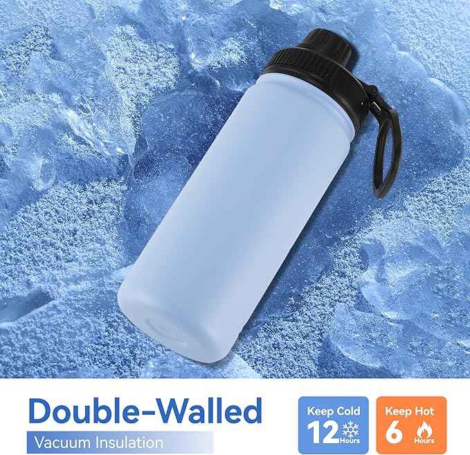 DOMICARE 16 oz Kids Water Bottle for School Stainless Steel Double Wall Vacuum Insulated Water Bottle with Straw lids & Spout Lid, Leakproof BPA Free (Light Blue,8)
