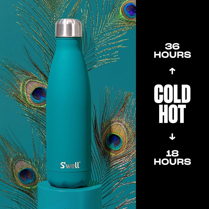 S'well Stainless Steel Water Bottle, 17oz, Peacock Blue, Triple Layered Vacuum Insulated Containers Keeps Drinks Cold for 36 Hours and Hot for 18, BPA Free, Perfect for On the Go