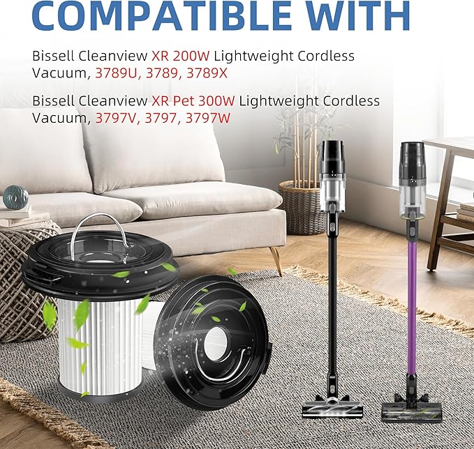 4 Pack Vacuum Filter for Bissell CleanView XR Pet 300W/CleanView XR 200W Cordless Vacuum Filter Replacement 3789 3789U 3789X 3797 3797V 3797W Replace 1638010 with 1 Little Brush - AquaVibe