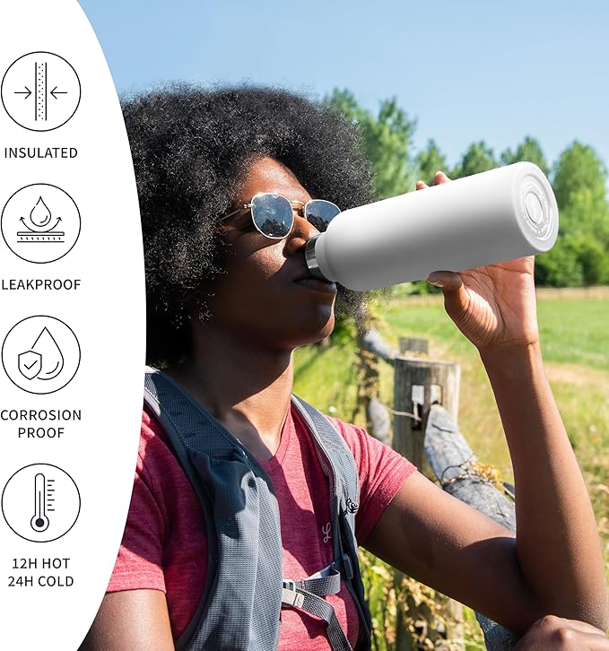 Bambaw Insulated Water Bottle 16 oz, Stainless Steel Water Bottle with Handle, Great for Travel & Hiking, Fits in Cup Holder, Made of High-Grade Stainless Steel (Polar White)